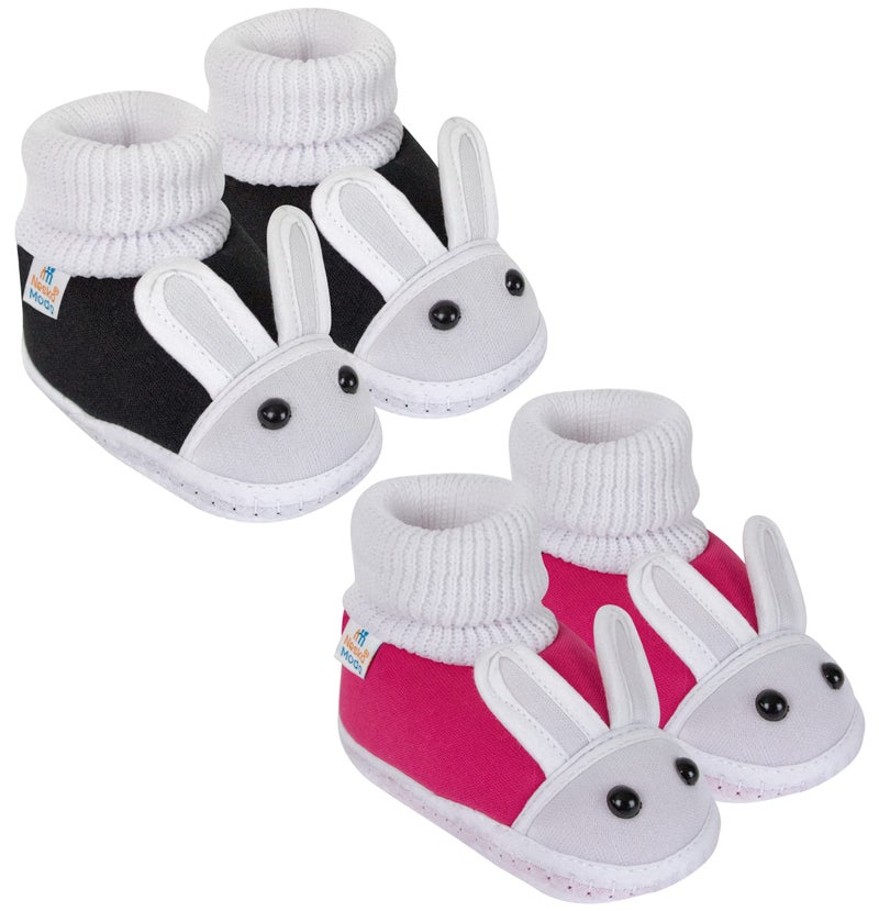 Neska Moda 12 To 18 Months Baby Boys & Girls Pack of 2 Pair Cotton Rabbit Face Slip On Baby Booties (Black, Pink) - Image 1
