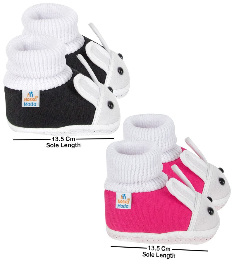 Neska Moda 12 To 18 Months Baby Boys & Girls Pack of 2 Pair Cotton Rabbit Face Slip On Baby Booties (Black, Pink) - Image 2