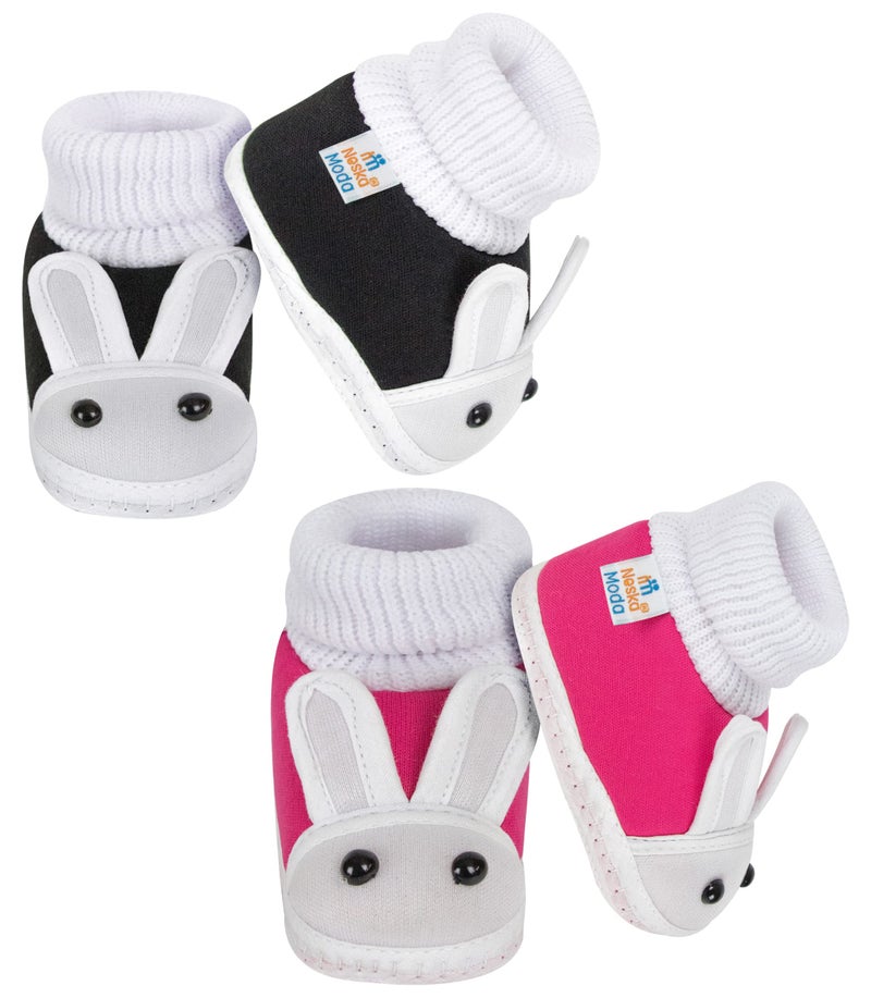 Neska Moda 12 To 18 Months Baby Boys & Girls Pack of 2 Pair Cotton Rabbit Face Slip On Baby Booties (Black, Pink) - Image 3