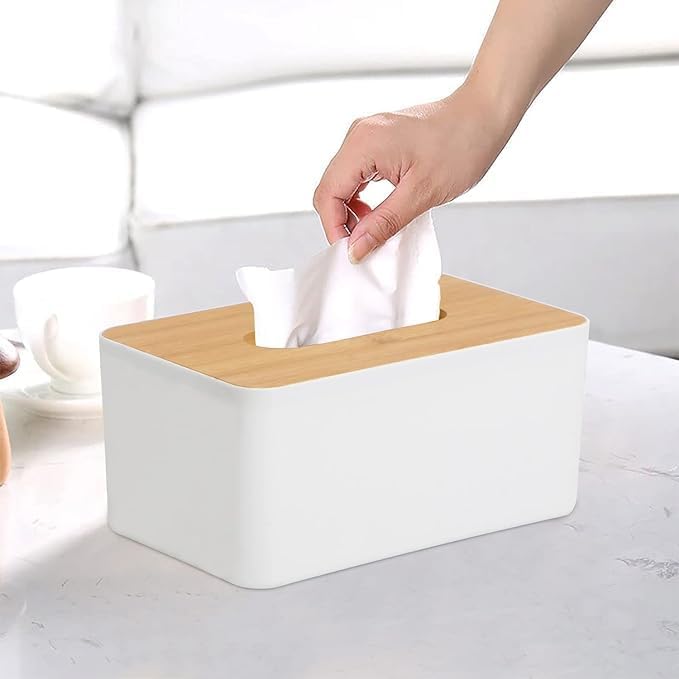 XIBO 1 Piece Bamboo Cover Plastic Tissue Box Holder Rectangular Napkin Holder Box Case Tissue Holder Dispenser Organizer for for Home Office Car Resturant and Cafeteria - Image 5