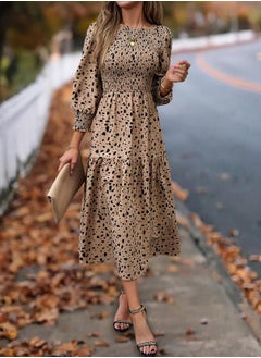 Styli Allover Print Smocking Detail Long Sleeve Midi Dress by Styli  - Image 1