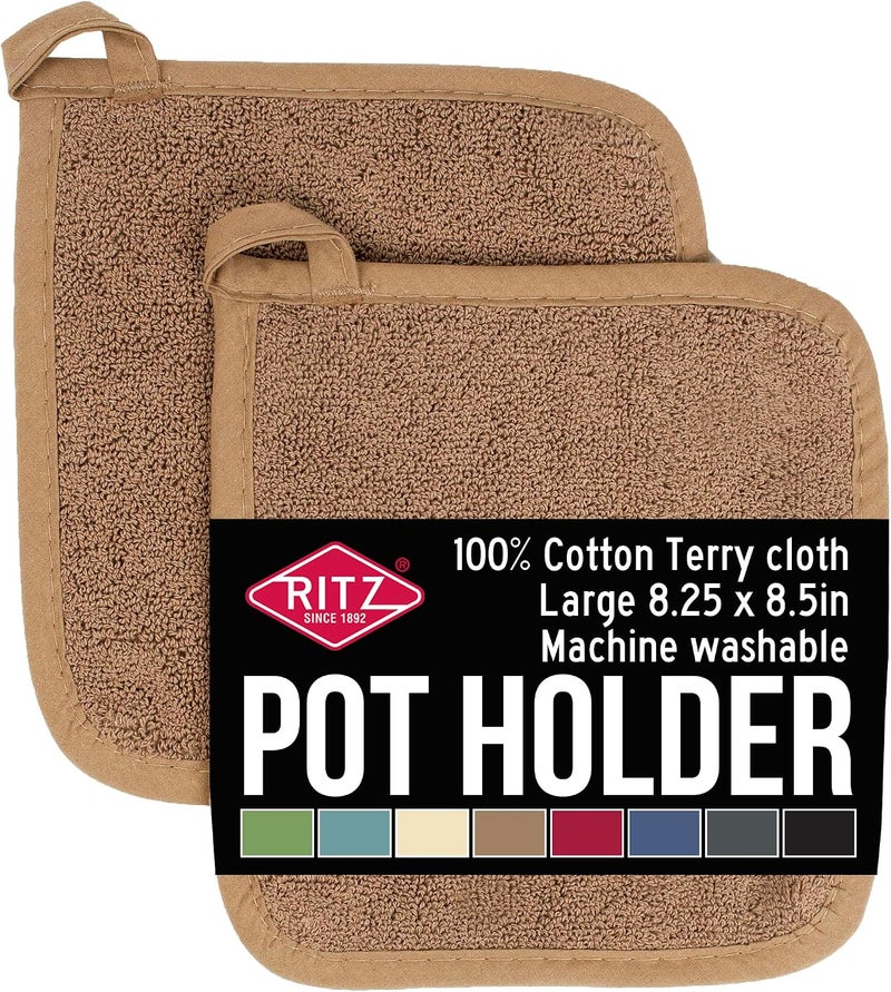 Ritz Terry Potholder & Hot Pad: Heat Resistant, Durable 100% Cotton – Ergonomically Designed for Optimal Grip, Easy-Care Machine Washable, Perfect for Your Kitchen – Mocha Brown, 2-Pack - Image 1