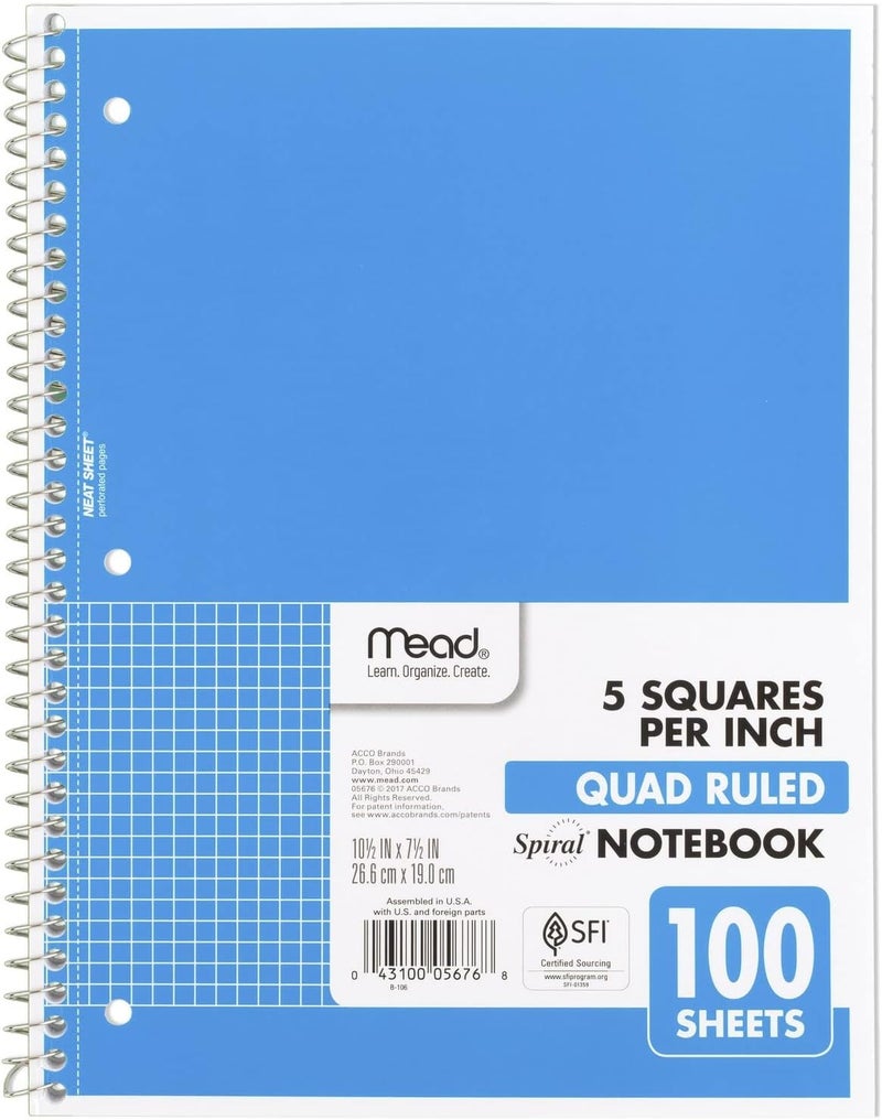 Mead Spiral Notebook, 1 Subject, Graph Ruled Paper, 7-1/2" x 10-1/2", 100 Sheets, Blue (05676AY7) - Image 1