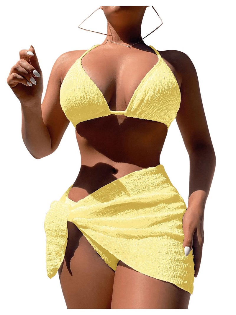 SHENHE Women's 3 Piece Textured High Cut Halter Triangle Bikini Swimsuit with Cover Up Yellow Plain L - Image 2