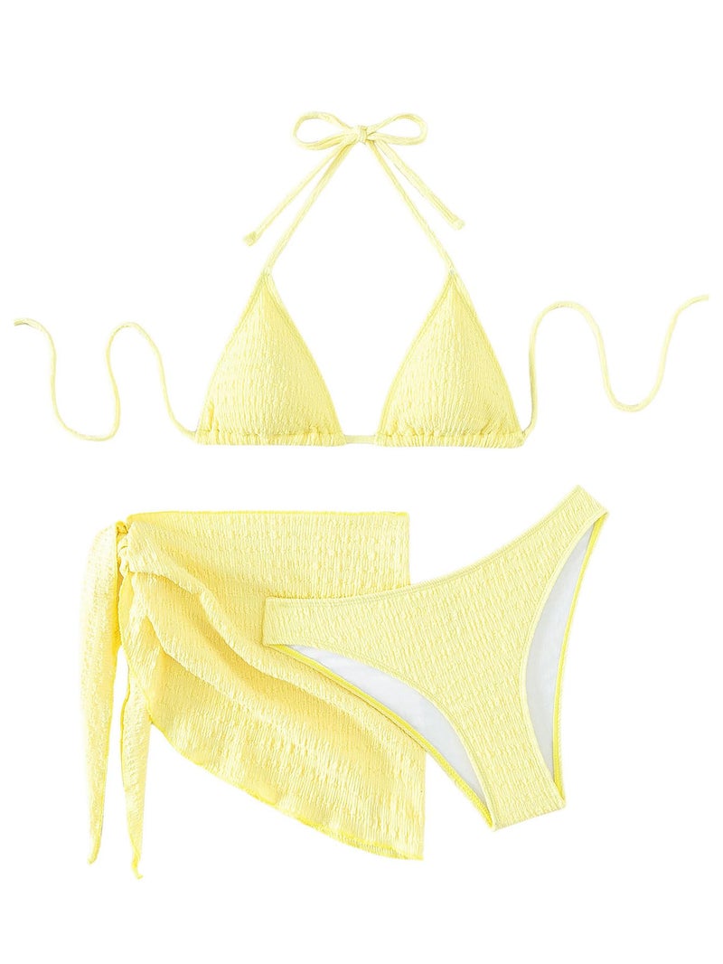 SHENHE Women's 3 Piece Textured High Cut Halter Triangle Bikini Swimsuit with Cover Up Yellow Plain L - Image 1