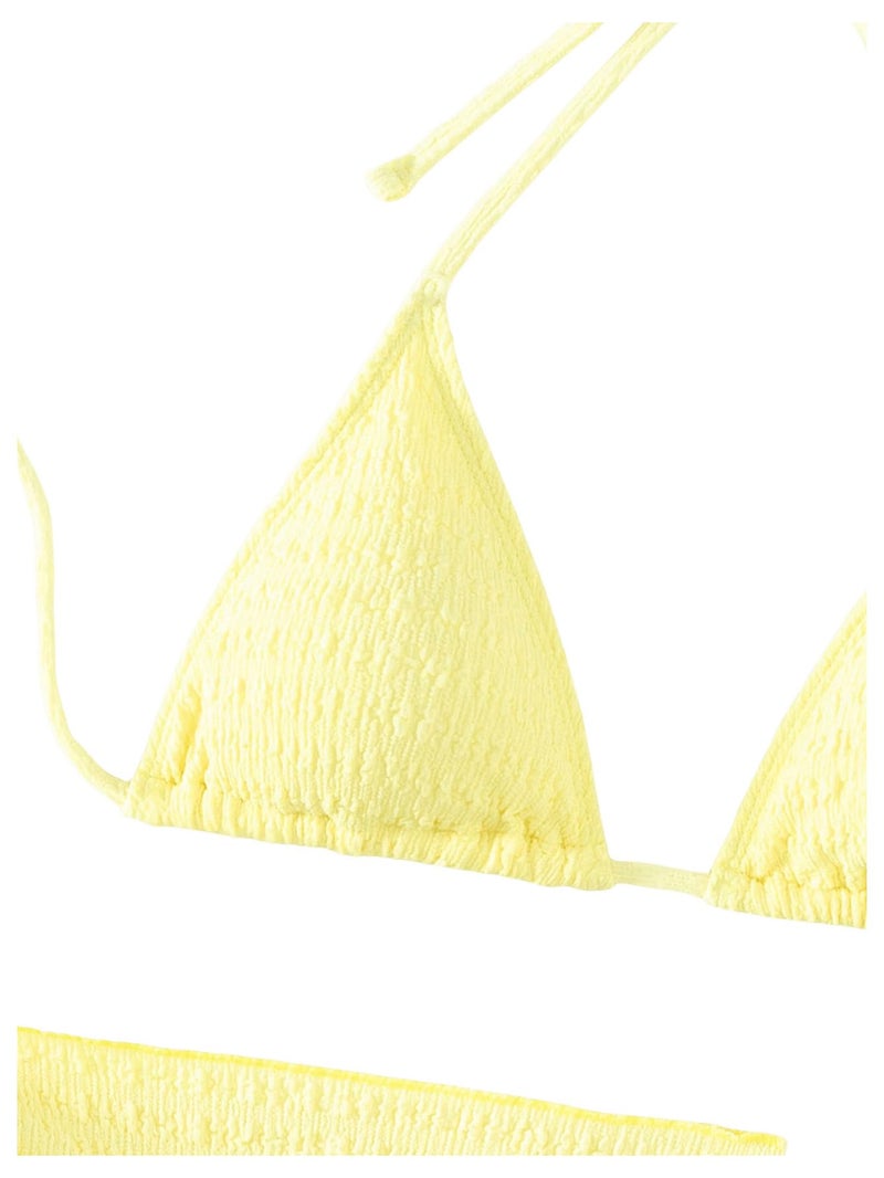 SHENHE Women's 3 Piece Textured High Cut Halter Triangle Bikini Swimsuit with Cover Up Yellow Plain L - Image 5