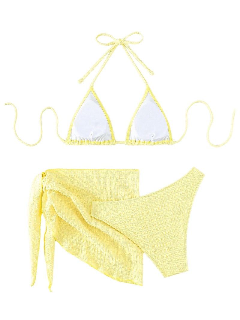 SHENHE Women's 3 Piece Textured High Cut Halter Triangle Bikini Swimsuit with Cover Up Yellow Plain L - Image 4