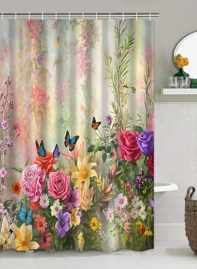 DDQQ 4-Piece Butterfly Floral Shower Curtain Set Botanical Aesthetic Flower Bathroom Set with Shower Curtain and Rugs, Cute Fun Decorative Bath Curtain with Hooks for Home Decor - Image 2