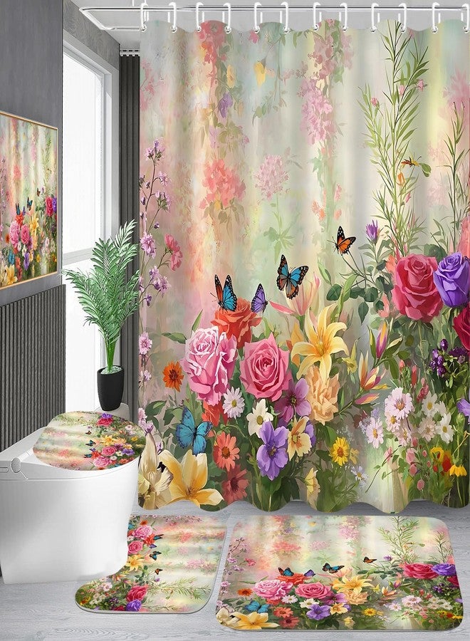 DDQQ 4-Piece Butterfly Floral Shower Curtain Set Botanical Aesthetic Flower Bathroom Set with Shower Curtain and Rugs, Cute Fun Decorative Bath Curtain with Hooks for Home Decor - Image 1