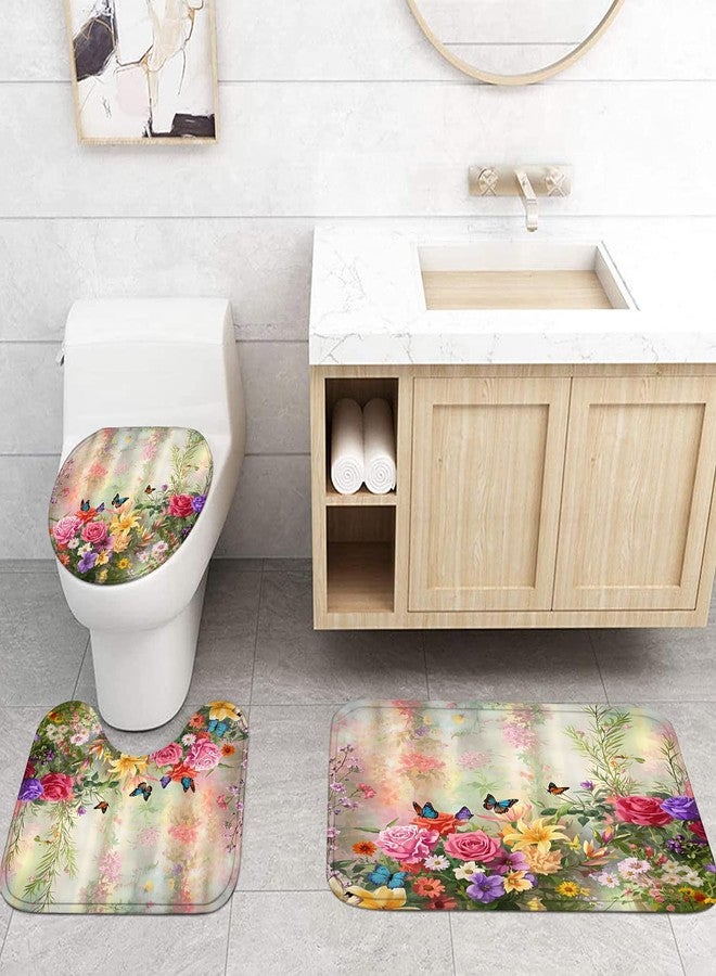 DDQQ 4-Piece Butterfly Floral Shower Curtain Set Botanical Aesthetic Flower Bathroom Set with Shower Curtain and Rugs, Cute Fun Decorative Bath Curtain with Hooks for Home Decor - Image 3