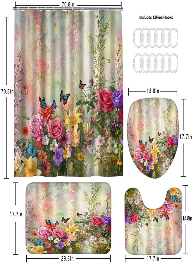 DDQQ 4-Piece Butterfly Floral Shower Curtain Set Botanical Aesthetic Flower Bathroom Set with Shower Curtain and Rugs, Cute Fun Decorative Bath Curtain with Hooks for Home Decor - Image 4
