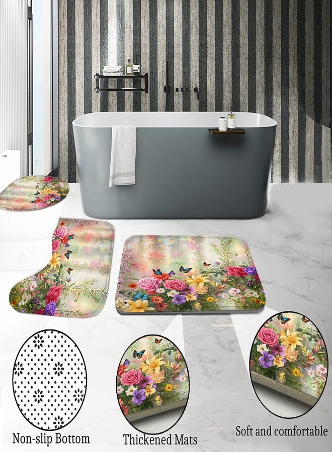 DDQQ 4-Piece Butterfly Floral Shower Curtain Set Botanical Aesthetic Flower Bathroom Set with Shower Curtain and Rugs, Cute Fun Decorative Bath Curtain with Hooks for Home Decor - Image 5