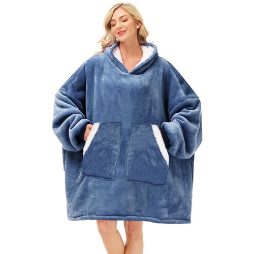 Kipswiza Kipswiza Oversized Wearable Blanket Hoodie Cozy Sherpa Hooded Blankets Sweatshirt as Gifts for Women Men Mom Daughter Dad with Big Pockets  Denim Blue 