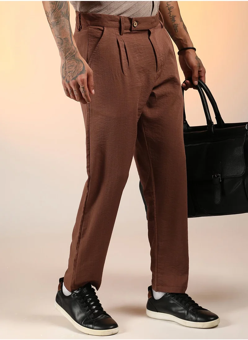Campus Sutra Men's Chesnut Brown Slim-Fit Pleated Trousers