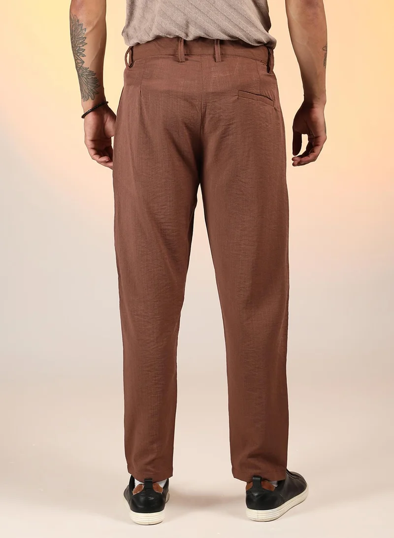 كامبوس سوترا Men's Chesnut Brown Slim-Fit Pleated Trousers