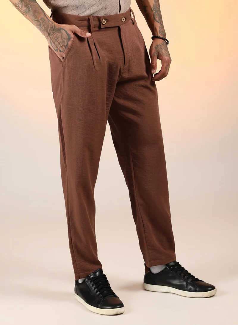 كامبوس سوترا Men's Chesnut Brown Slim-Fit Pleated Trousers