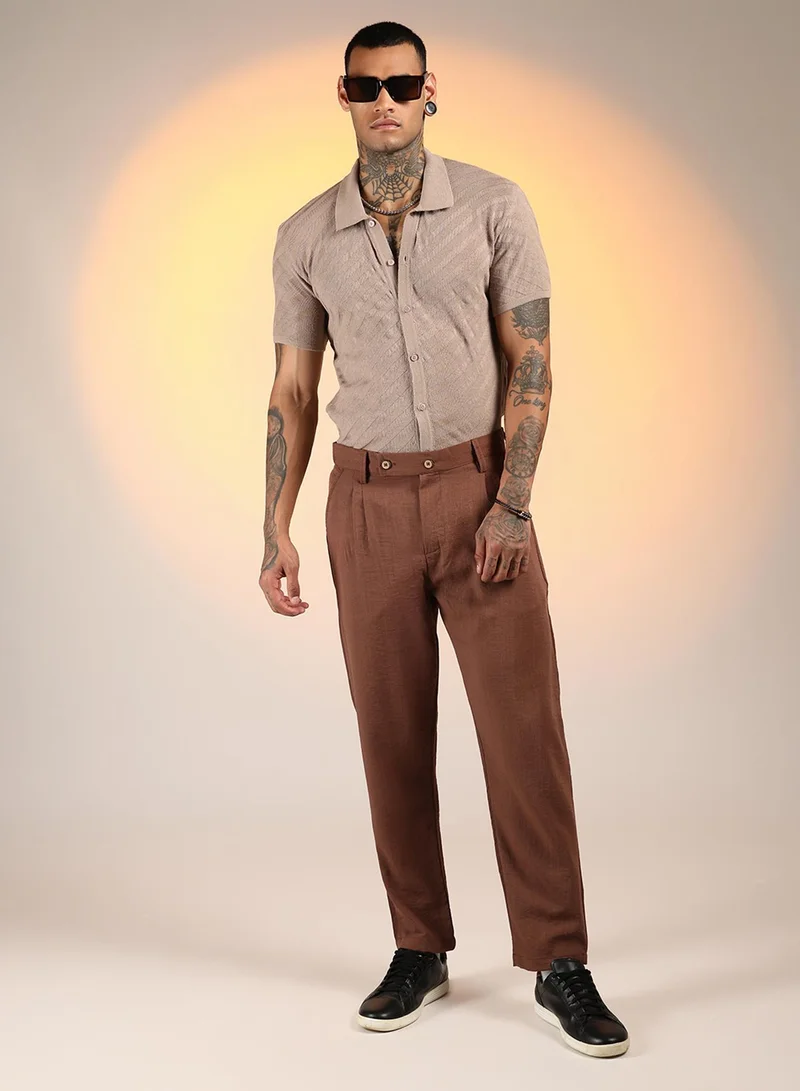 كامبوس سوترا Men's Chesnut Brown Slim-Fit Pleated Trousers