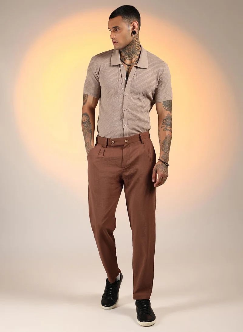 كامبوس سوترا Men's Chesnut Brown Slim-Fit Pleated Trousers