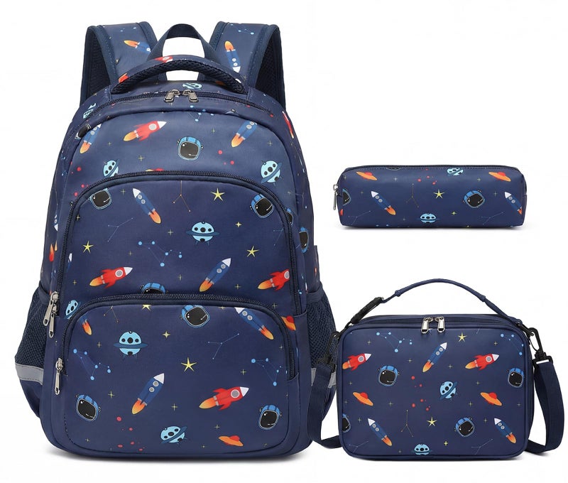 mygreen Kids Backpack Set 3in1 School Backpack with Lunch Box Pencil Case for Boys Girls Lightweight Durable for Daycare Picnic Outdoor Travel Dark Blue Rocket - Image 2
