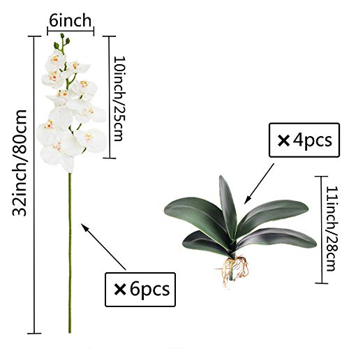 FagusHome 32" Artificial Phalaenopsis Flowers 6 Pcs with 4 Bundles Leaves Artificial Orchid Flowers Stem Plants for Home Décor (6Pcs) - Image 2