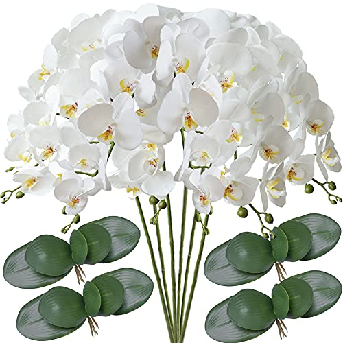 FagusHome 32" Artificial Phalaenopsis Flowers 6 Pcs with 4 Bundles Leaves Artificial Orchid Flowers Stem Plants for Home Décor (6Pcs) - Image 1