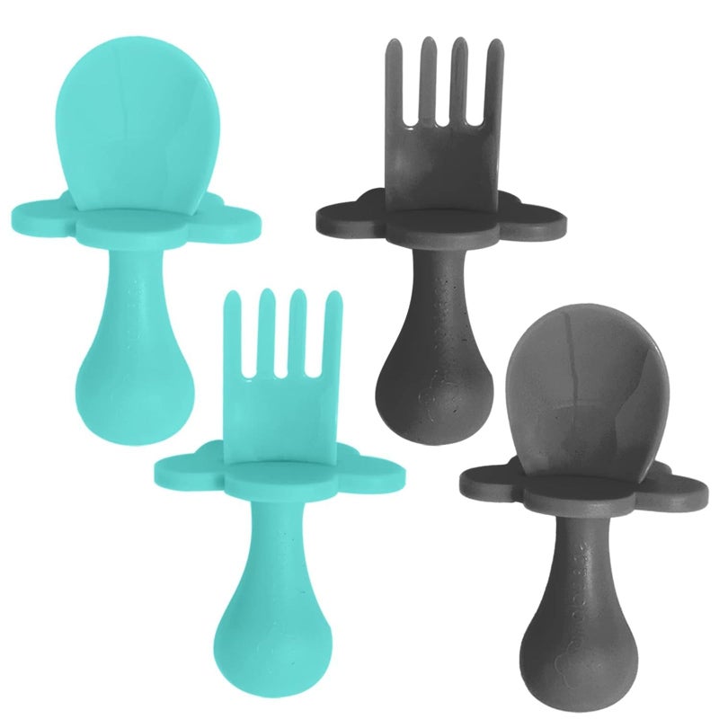 Grabease Silicone Baby Feeding Utensil Set - Self-Feeding Forks For Baby - Forks & Spoon, Ages 6-12 Months - Dishwasher-Safe Infant Spoon & Utensil - Teal & Gray, Pack of 2 - Image 1