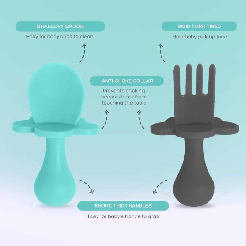 Grabease Silicone Baby Feeding Utensil Set - Self-Feeding Forks For Baby - Forks & Spoon, Ages 6-12 Months - Dishwasher-Safe Infant Spoon & Utensil - Teal & Gray, Pack of 2 - Image 5