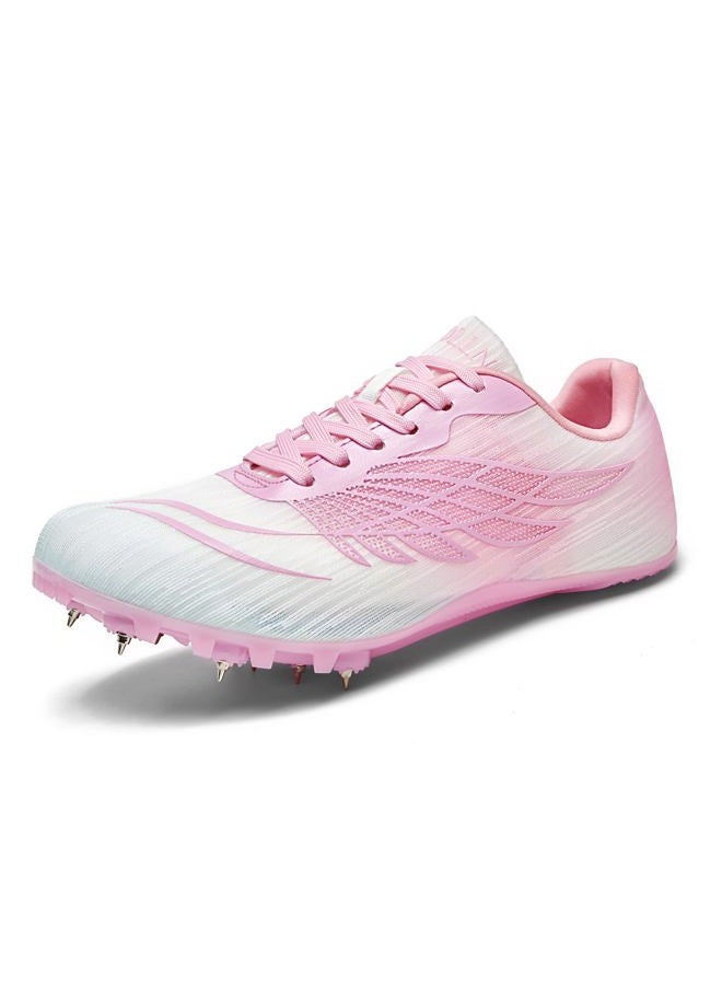 WESHIRUN Track and Field Shoes for Men Women 8 Spikes Boys and Girls Kids Running Racing Shoes, Peach Pink, 6.5 Women/5 Men - Image 1
