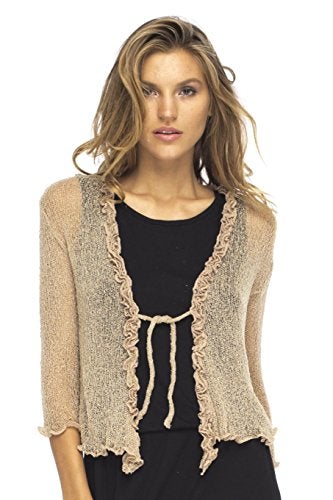 Back From Bali Womens Sheer Shrug Cardigan Sweater Ruffle Lightweight Knit Mocca One Size - Image 1