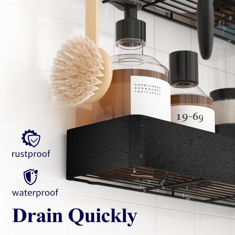 Kitsure Shower Caddy - 2 Pack Rustproof Shower Organizer, Drill-Free & Quick-Dry Shower Shelf for Inside Shower with Large Capacity, Durable Stainless Steel Shower Rack with 4 Hooks, Black - Image 5