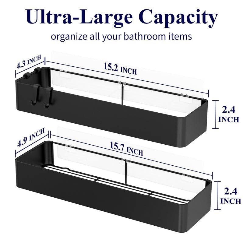 Kitsure Shower Caddy - 2 Pack Rustproof Shower Organizer, Drill-Free & Quick-Dry Shower Shelf for Inside Shower with Large Capacity, Durable Stainless Steel Shower Rack with 4 Hooks, Black - Image 2