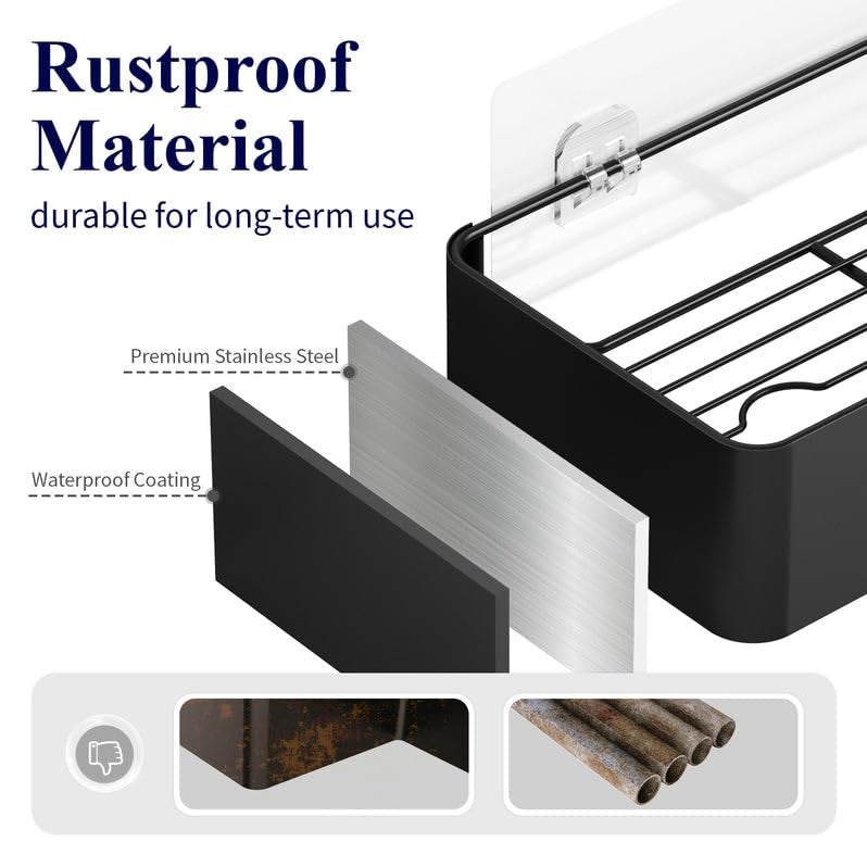 Kitsure Shower Caddy - 2 Pack Rustproof Shower Organizer, Drill-Free & Quick-Dry Shower Shelf for Inside Shower with Large Capacity, Durable Stainless Steel Shower Rack with 4 Hooks, Black - Image 3