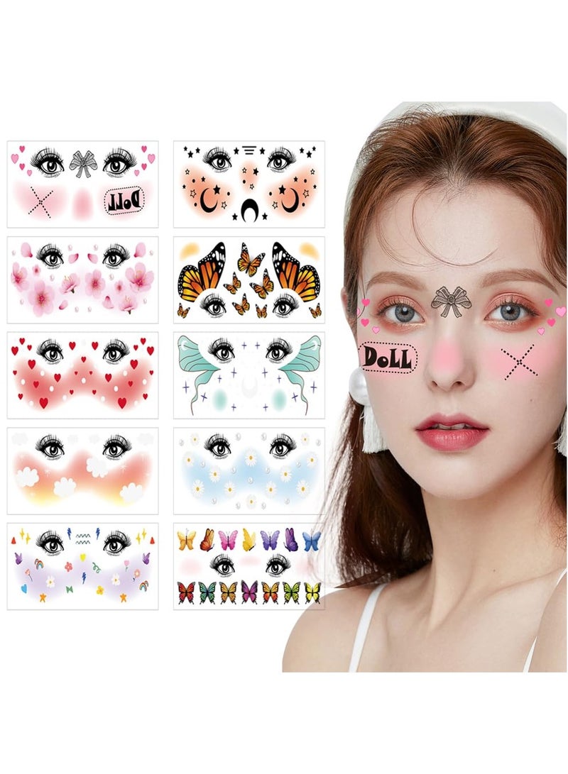 Zikra 10 Pcs Temporary Face Tattoos, Waterproof Fake Face Tattoo, Sweet Butterfly Tattoo Sticker for Women Girls, Water Transfer Face Tattoo for Costume Parties, Makeup Dancer, Rave Musical Festivals - Image 1