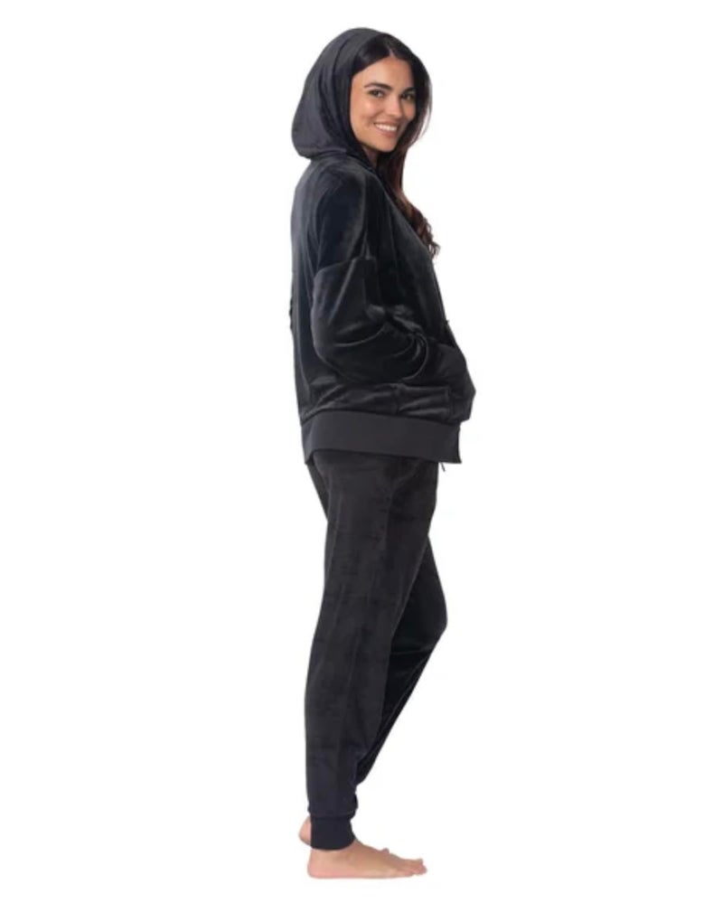 Felina Women's 2 Piece Velour Track Suit, Hoodie and Jogger Lounge Set (US, Alpha, Small, Regular, Regular, Black) - Image 3