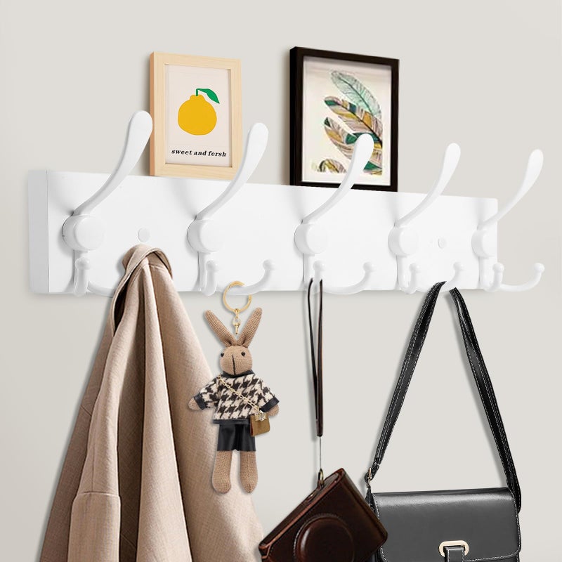 Kuhome Coat Rack Wall Mount Coat Hooks Wooden Hat Rack for Wall Hooks Pine Real Wood Plank 16.9" White Coat Hanger with 5 White Triple Hooks for Hanging Coat Hat Jacket - Image 3
