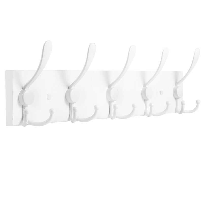Kuhome Coat Rack Wall Mount Coat Hooks Wooden Hat Rack for Wall Hooks Pine Real Wood Plank 16.9" White Coat Hanger with 5 White Triple Hooks for Hanging Coat Hat Jacket - Image 1