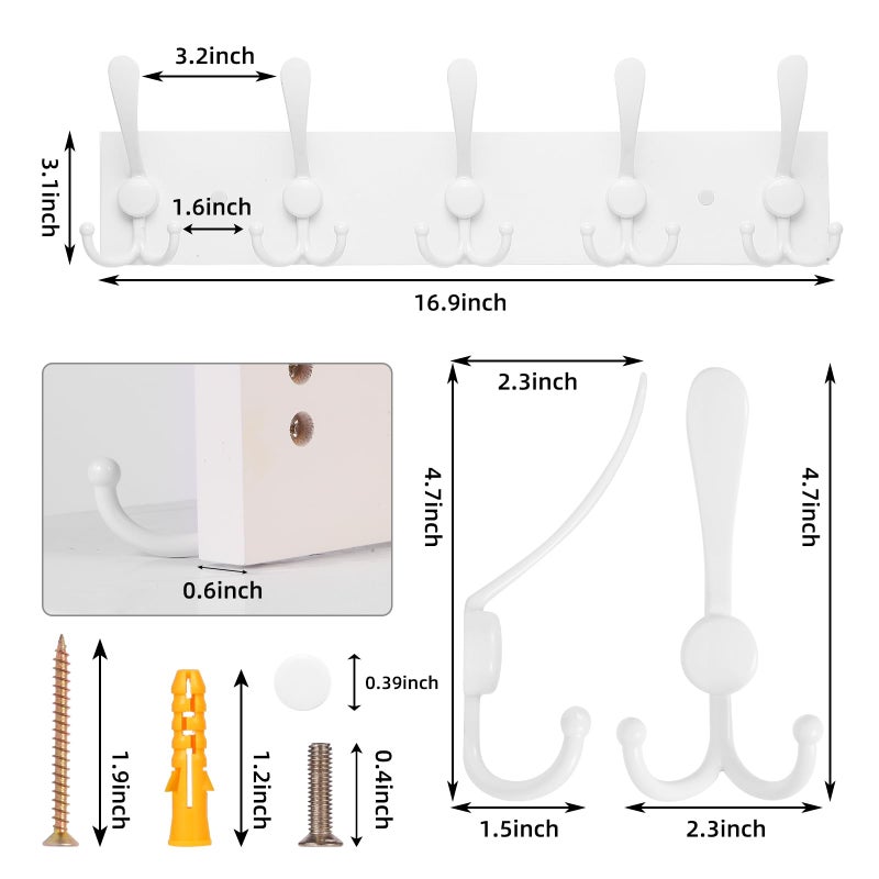 Kuhome Coat Rack Wall Mount Coat Hooks Wooden Hat Rack for Wall Hooks Pine Real Wood Plank 16.9" White Coat Hanger with 5 White Triple Hooks for Hanging Coat Hat Jacket - Image 2