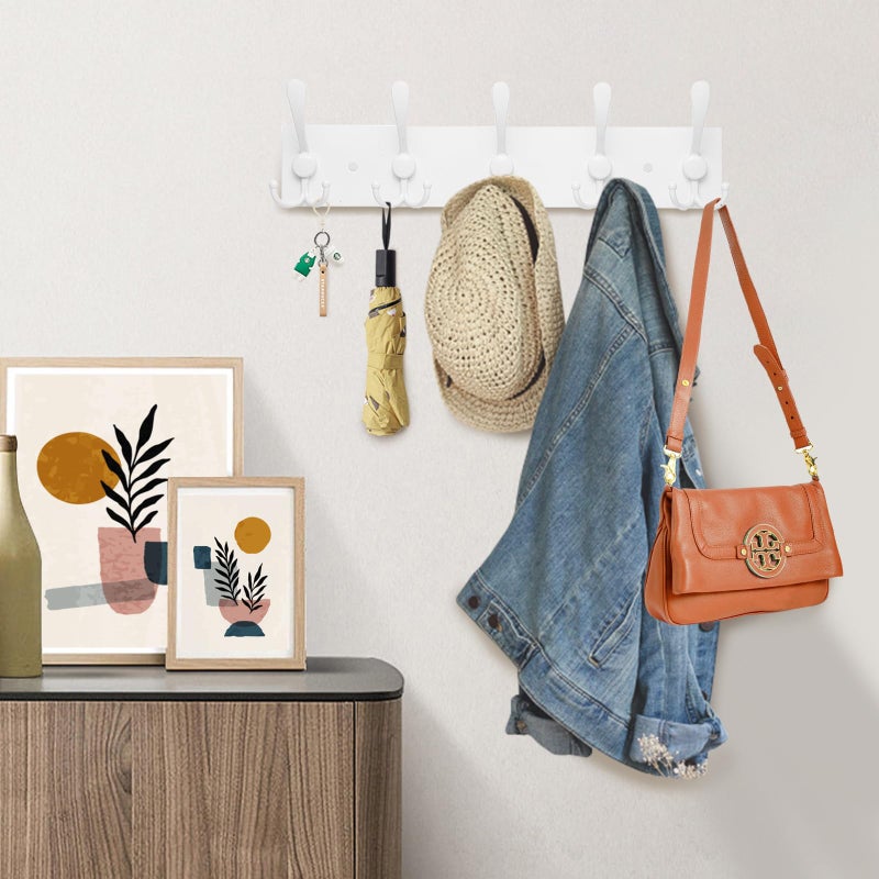 Kuhome Coat Rack Wall Mount Coat Hooks Wooden Hat Rack for Wall Hooks Pine Real Wood Plank 16.9" White Coat Hanger with 5 White Triple Hooks for Hanging Coat Hat Jacket - Image 4