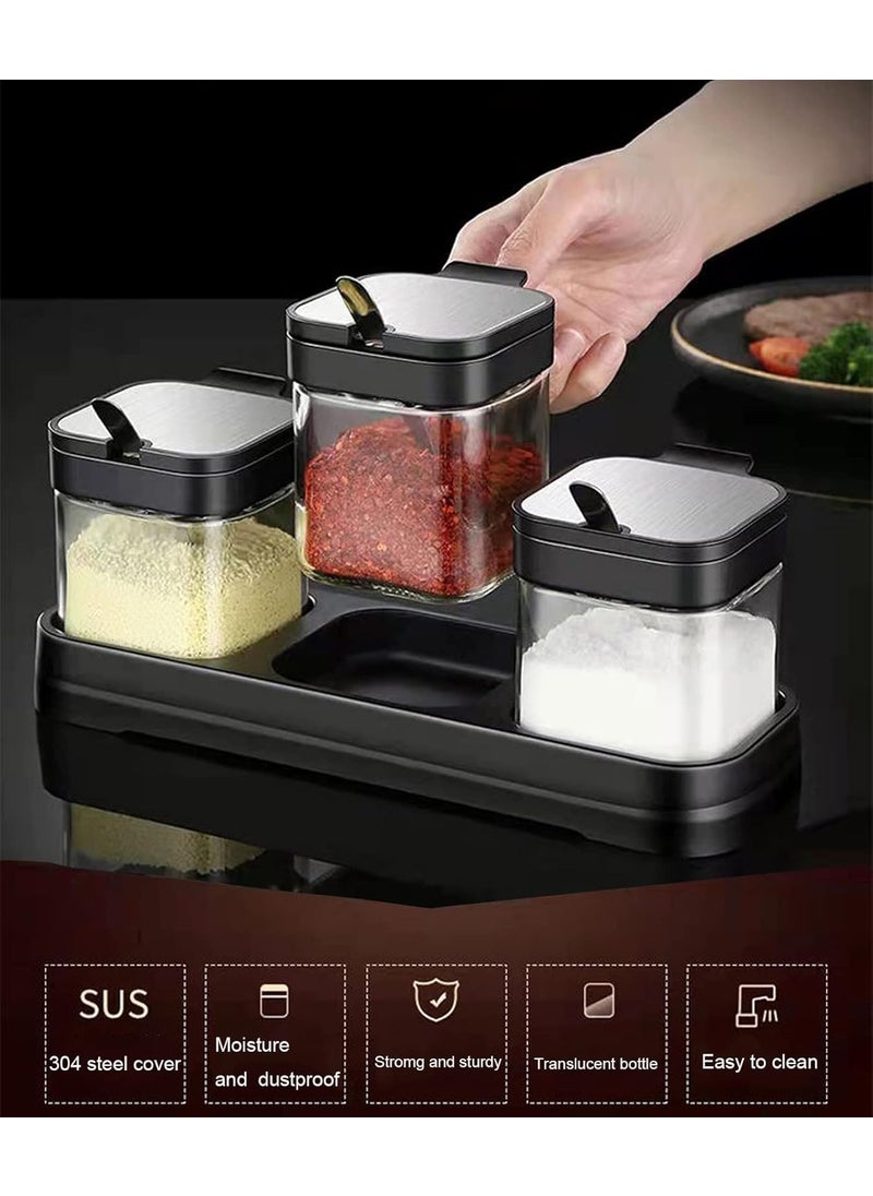W WBLD W WBLD Glass Condiment Jar Spice Container with Lids and Spoons Square Clear Seasoning Sugar Containers Set with Base Sugar Pepper Salt Spices Bowl for Kitchen Countertop3pcs  - Image 3