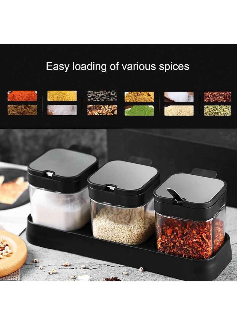 W WBLD W WBLD Glass Condiment Jar Spice Container with Lids and Spoons Square Clear Seasoning Sugar Containers Set with Base Sugar Pepper Salt Spices Bowl for Kitchen Countertop3pcs  - Image 5