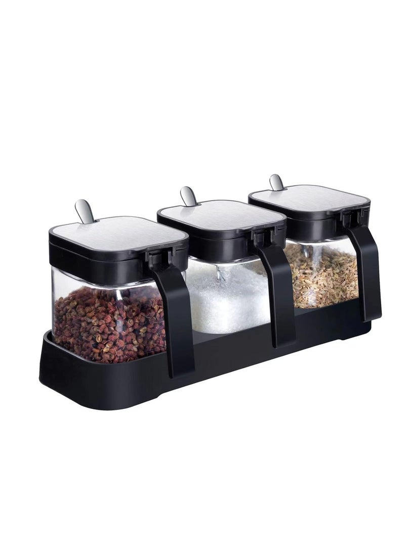 W WBLD W WBLD Glass Condiment Jar Spice Container with Lids and Spoons Square Clear Seasoning Sugar Containers Set with Base Sugar Pepper Salt Spices Bowl for Kitchen Countertop3pcs  - Image 1