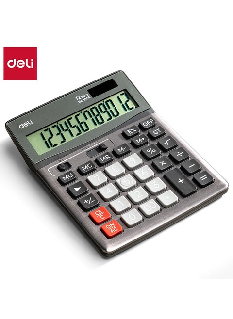 Deli E1654 12-Digit Calculator - Solar/AA Battery Dual Power, Dark Grey (1PCS/Color Box) - Large Display for Office, Classroom, Retail & Everyday Math