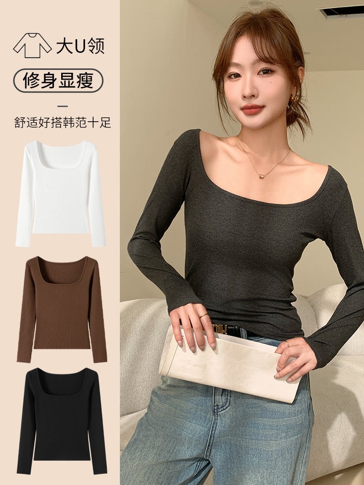 H869 مخصص خيوط كبيرة U-Neck طويلة الأكمام أعلى النساء الربيع رقيقة تناسب تي شيرت ضوء ودافئ بسيط قاعدة قميص - Image 3