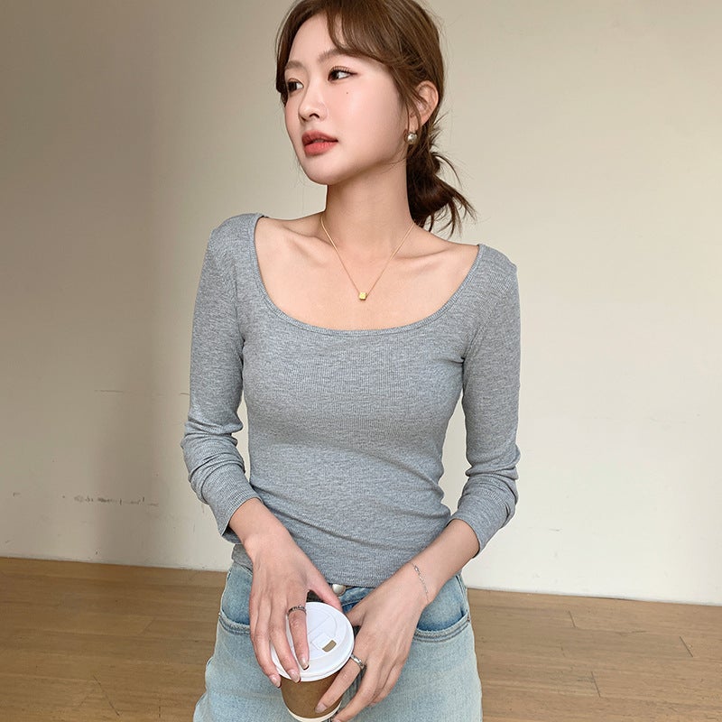 H869 مخصص خيوط كبيرة U-Neck طويلة الأكمام أعلى النساء الربيع رقيقة تناسب تي شيرت ضوء ودافئ بسيط قاعدة قميص - Image 1