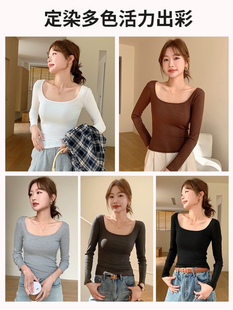 H869 مخصص خيوط كبيرة U-Neck طويلة الأكمام أعلى النساء الربيع رقيقة تناسب تي شيرت ضوء ودافئ بسيط قاعدة قميص - Image 4