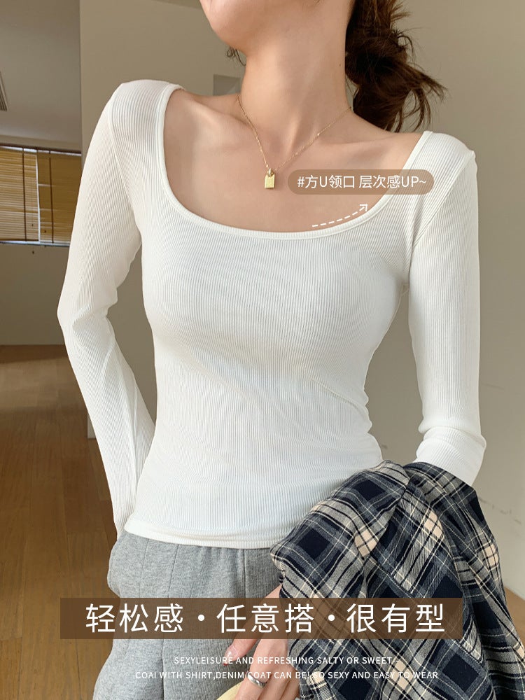 H869 مخصص خيوط كبيرة U-Neck طويلة الأكمام أعلى النساء الربيع رقيقة تناسب تي شيرت ضوء ودافئ بسيط قاعدة قميص - Image 2