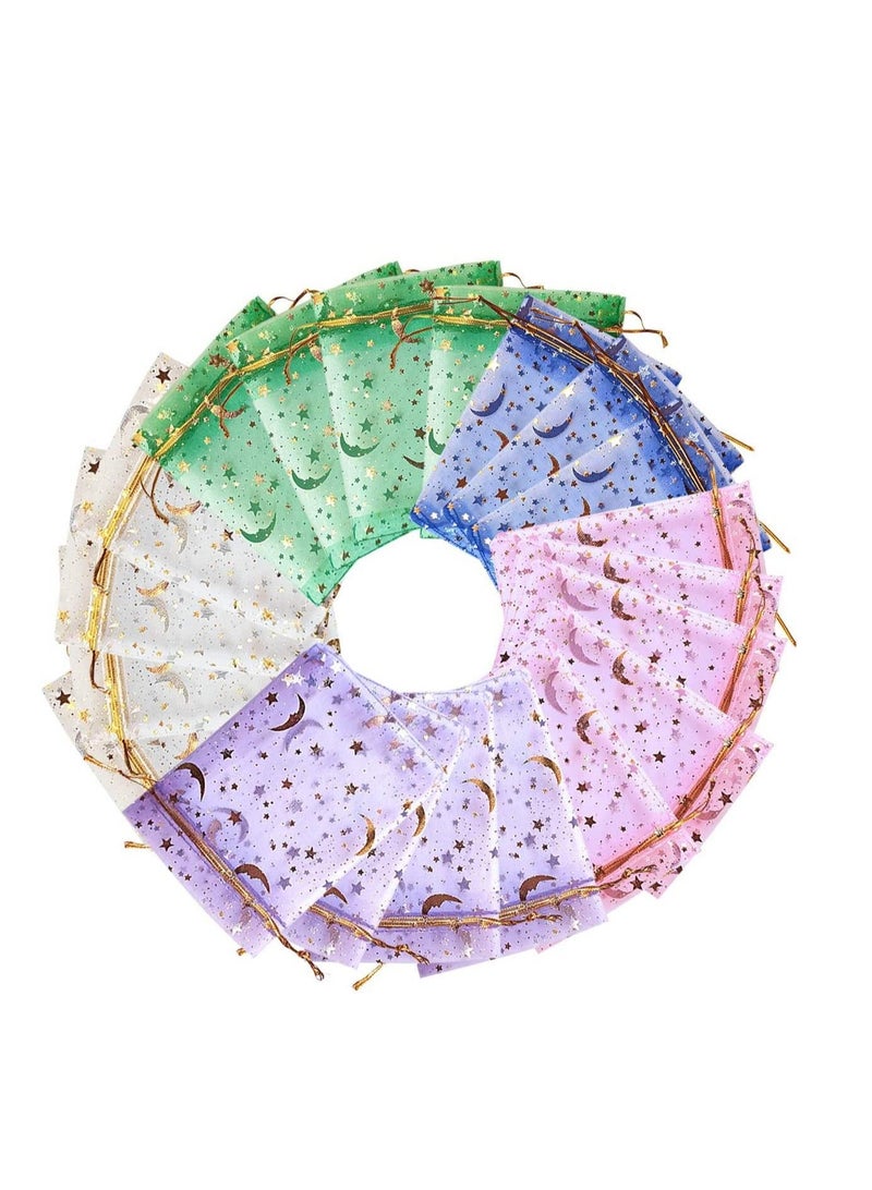 Captaintech Moon Star Organza Jewelry Candy Pouch, Gift Bags Pouches for Wedding Party Valentine's Day Drawstring Organza Bags, Jewelry Gift Bags 100Pcs (Mixed Color, 3.5 x 4.7 Inch) - Image 1
