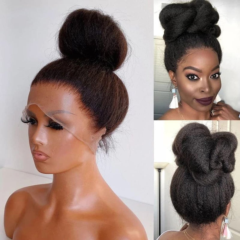 360 Lace Frontal Wig Yaki Kinky Straight Human Hair Wig for Black Women Natural Color Brazilian Remy Hair HD Transparent Lace Wig Pre Plucked With Baby Hair Bleached Knots Glueless Natural Hairline Wig 150 Density 20Inch