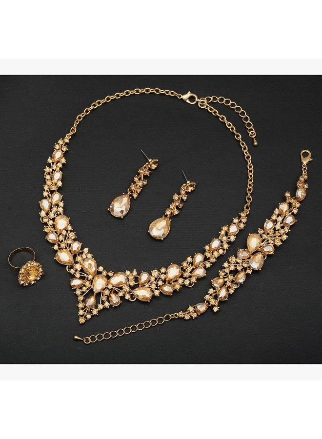 CSY 4 Pcs/Set Austrian Crystal Necklace Earrings Bracelet Ring Bridal Jewelry Sets for Brides Wedding Party Costume Accessories Gifts for Women, Metal, Crystal Rhinestone - Image 4
