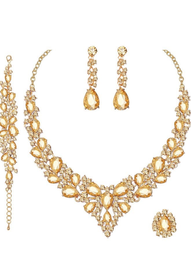 CSY 4 Pcs/Set Austrian Crystal Necklace Earrings Bracelet Ring Bridal Jewelry Sets for Brides Wedding Party Costume Accessories Gifts for Women, Metal, Crystal Rhinestone - Image 1